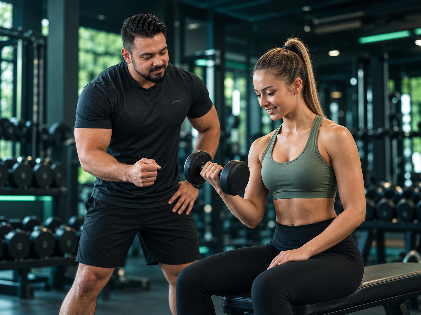 Personal trainer guiding a client through a dumbbell exercise